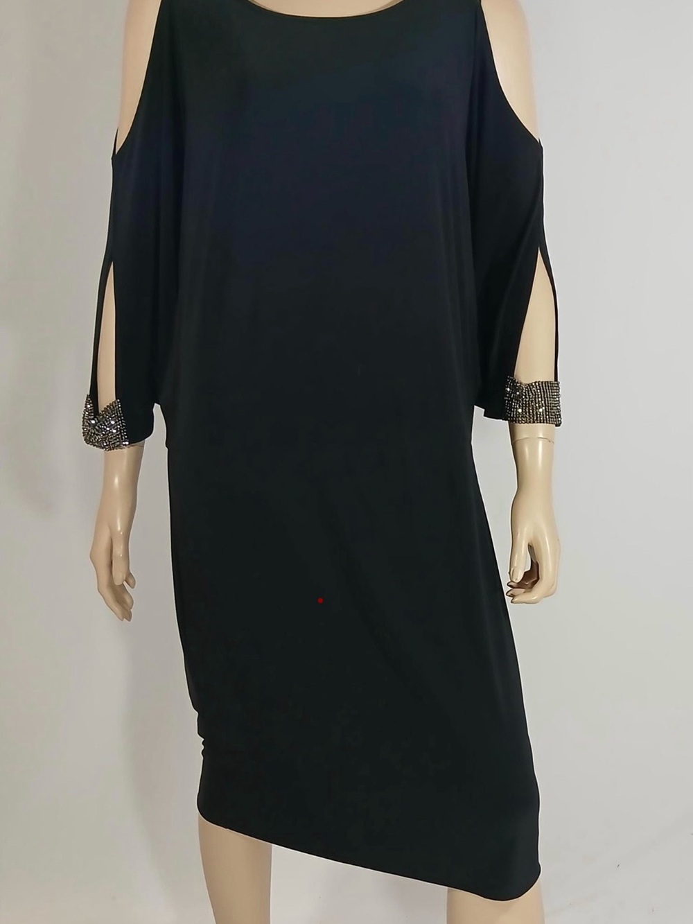 Jennifer Lopez Black Cold-Shoulder Midi Dress with Beaded Cuffs
